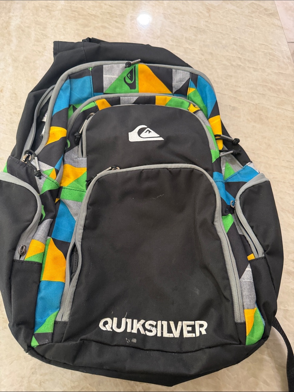 Quiksilver Black Backpack with Green, Blue incredible condition rarely worn